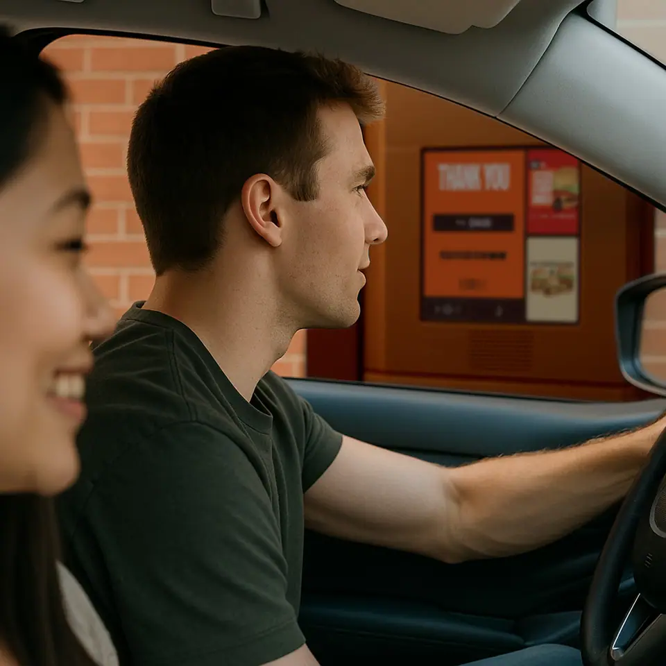 A couple in a car ordering at a drive-thru speaker