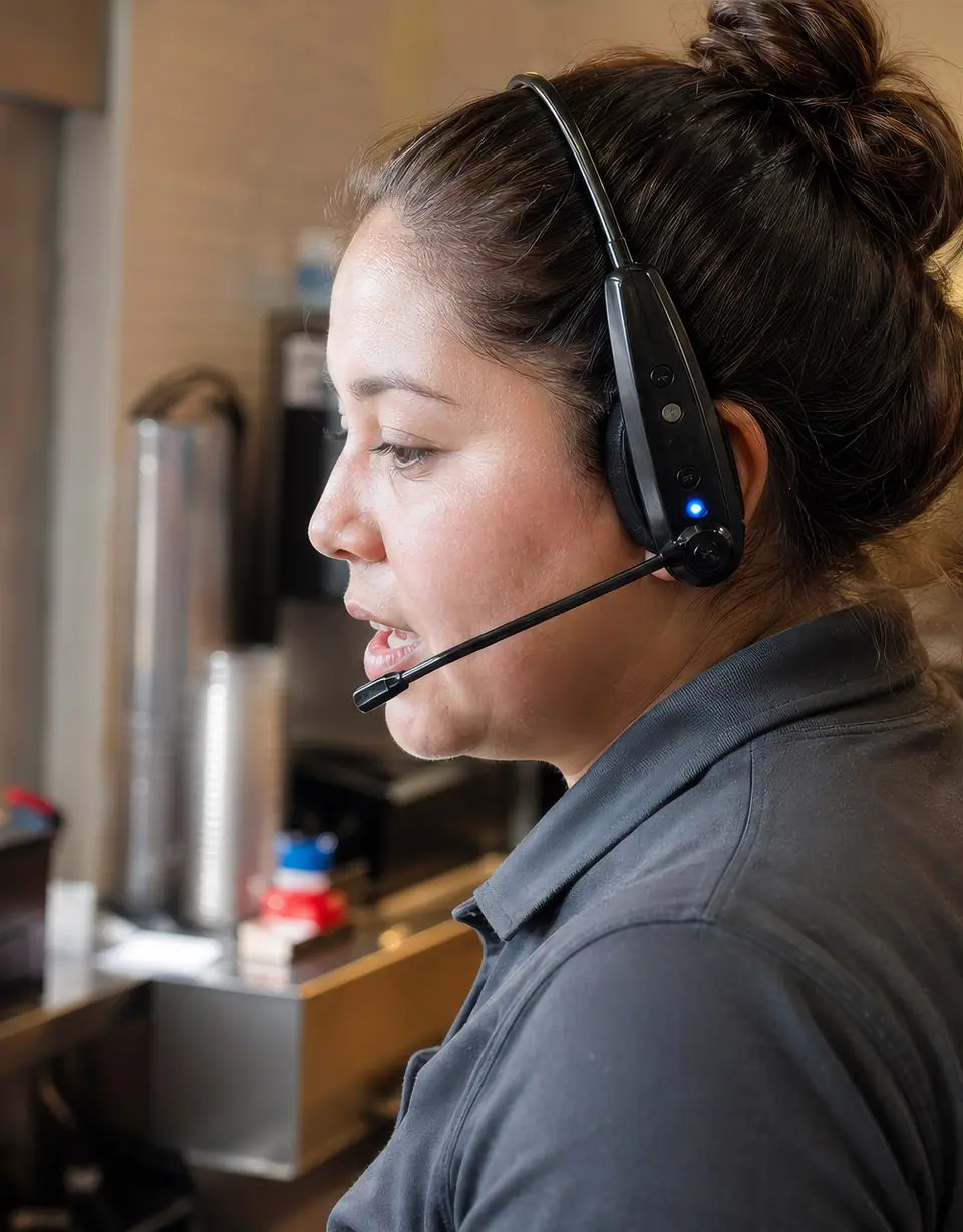 A crew member taking an order on a drive-thru headset
