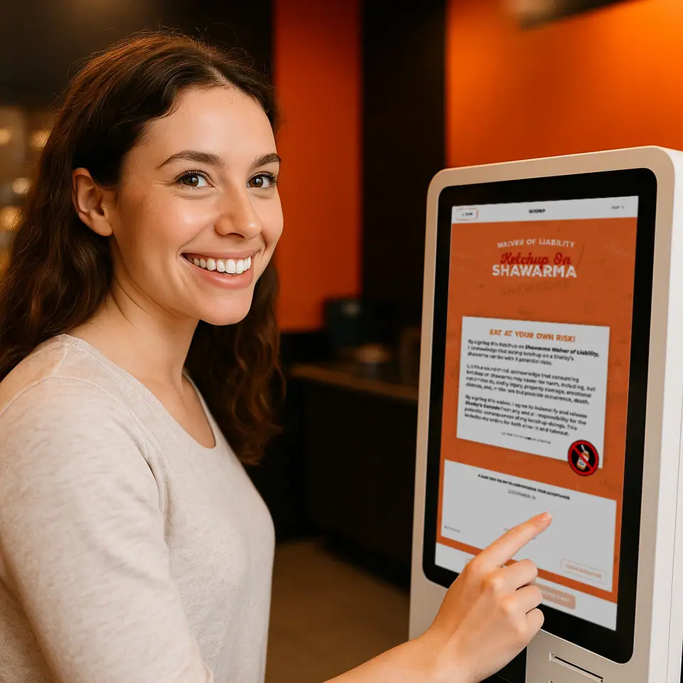 A smiling guest using a branded kiosk screen