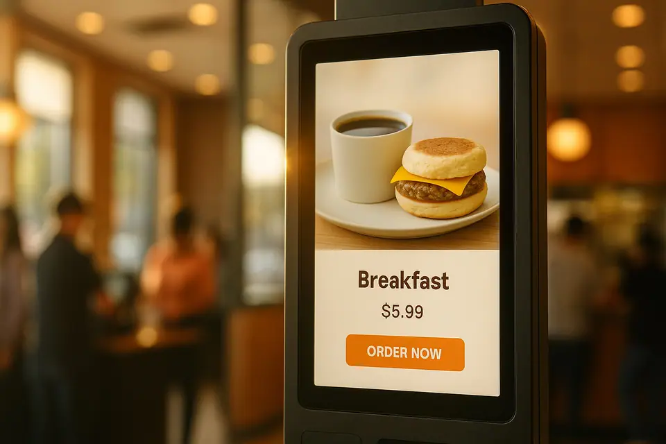 A kiosk in a café showing a breakfast offer
