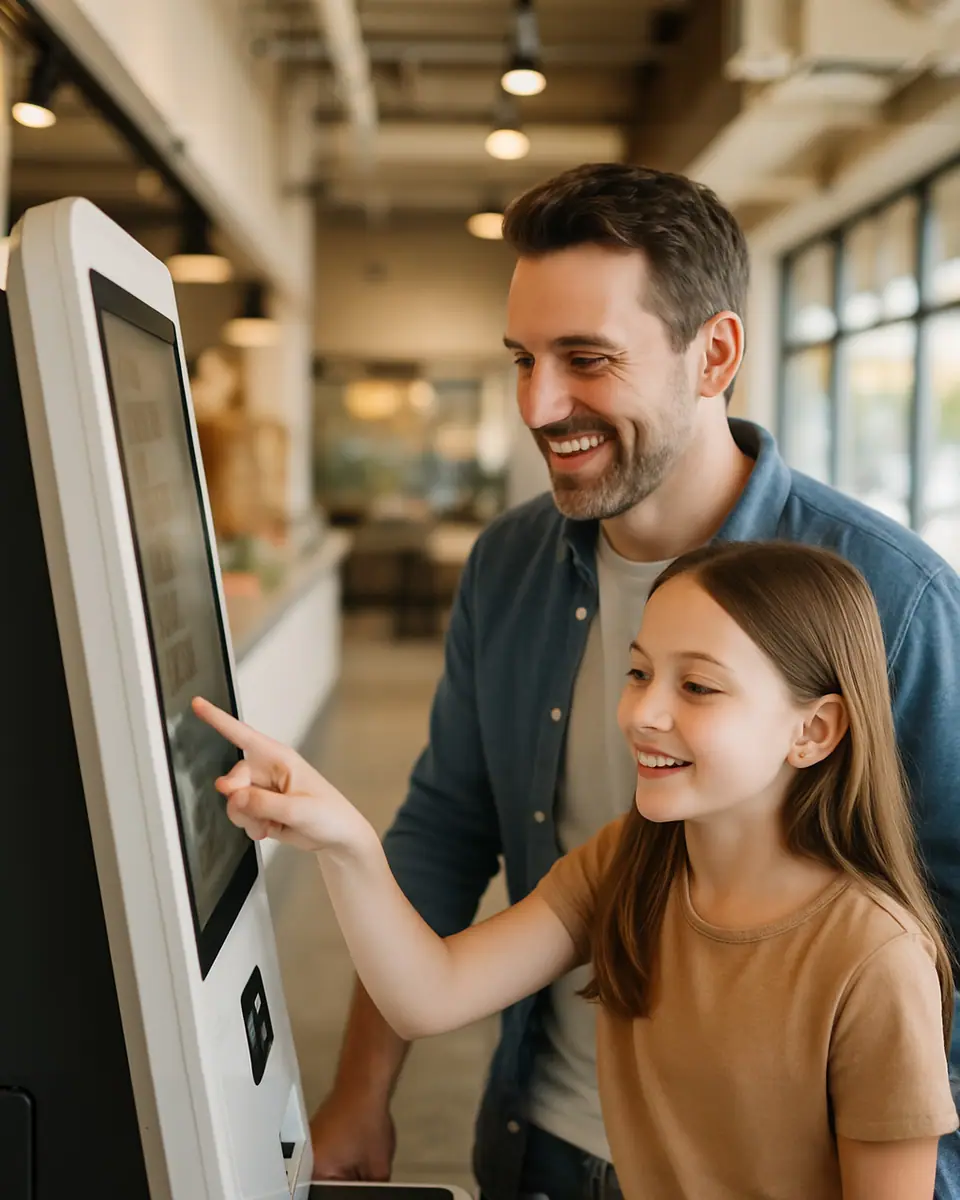 A father and daughter ordering at a self-service kiosk