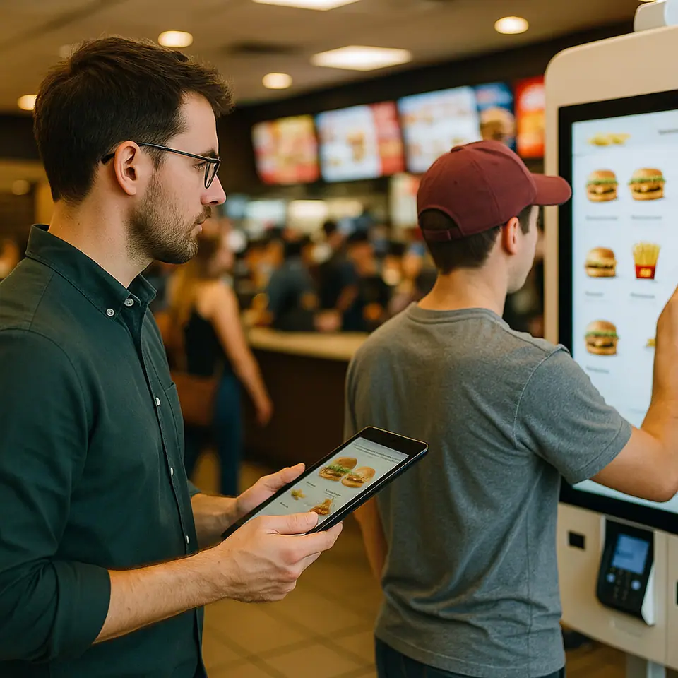 A researcher with a tablet watching a guest order at a kiosk