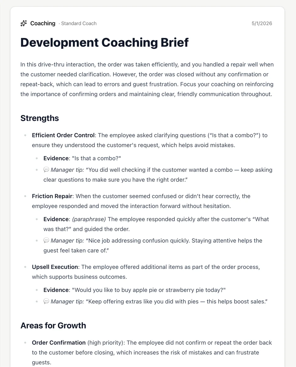 A development coaching brief listing strengths and areas for growth, each with evidence from the conversation