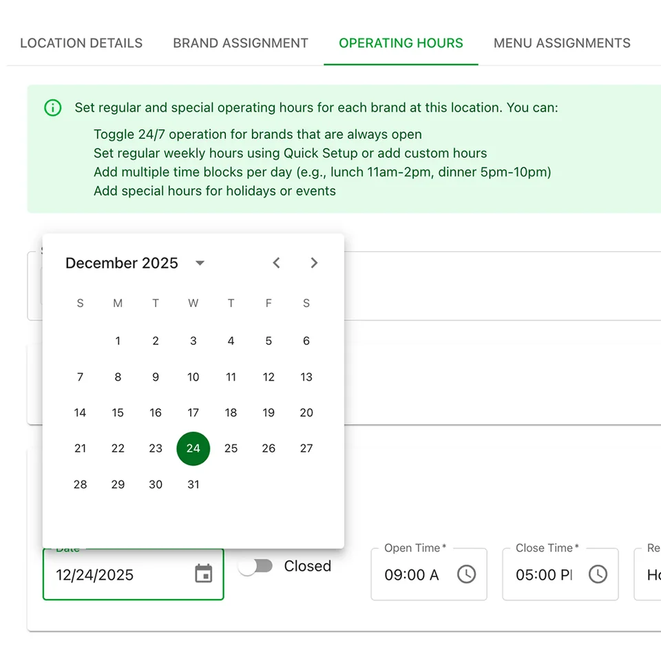 KioskOS operating hours settings for a location, with a calendar and opening and closing times