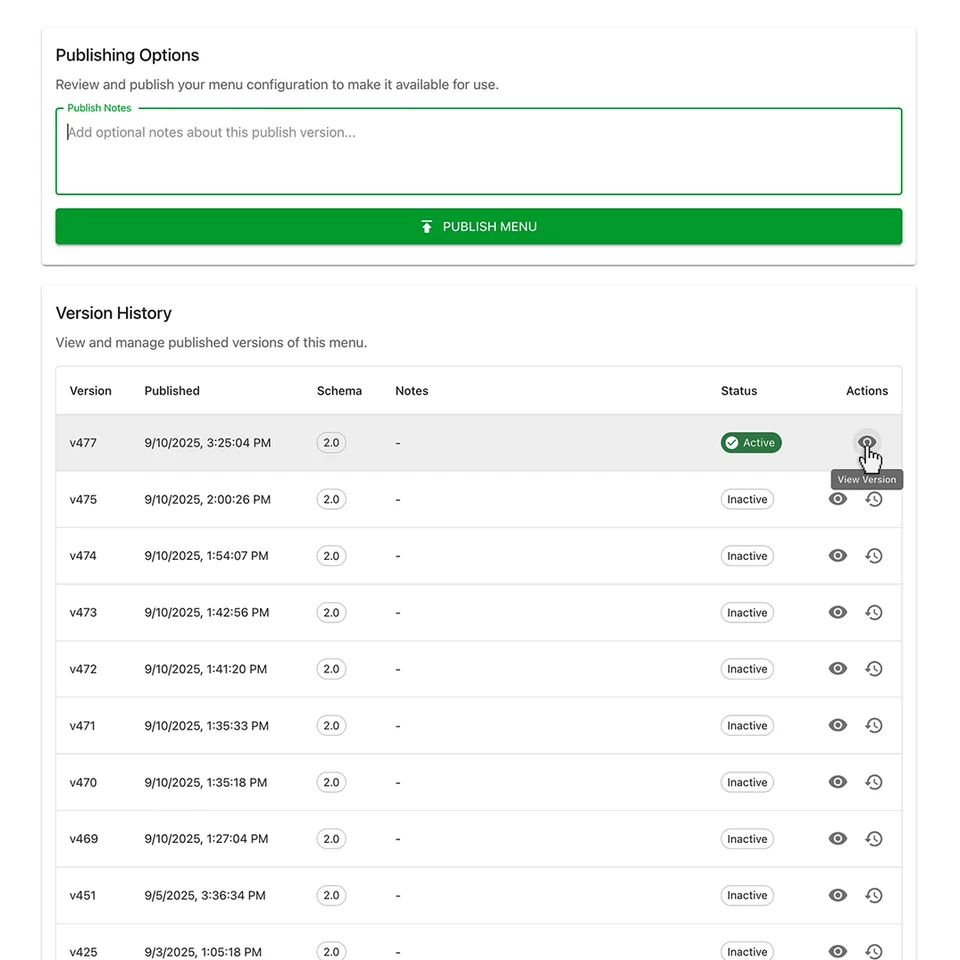 KioskOS publishing options with a “Publish menu” button and a version history of published menus