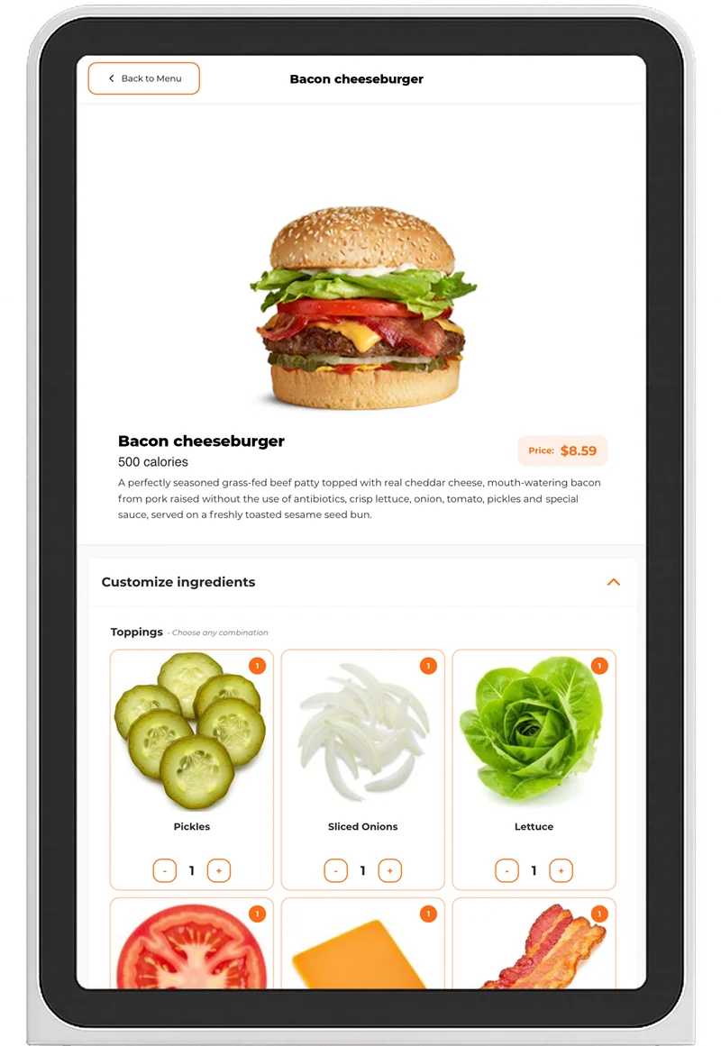 KioskOS item screen for a bacon cheeseburger, with ingredients to customize