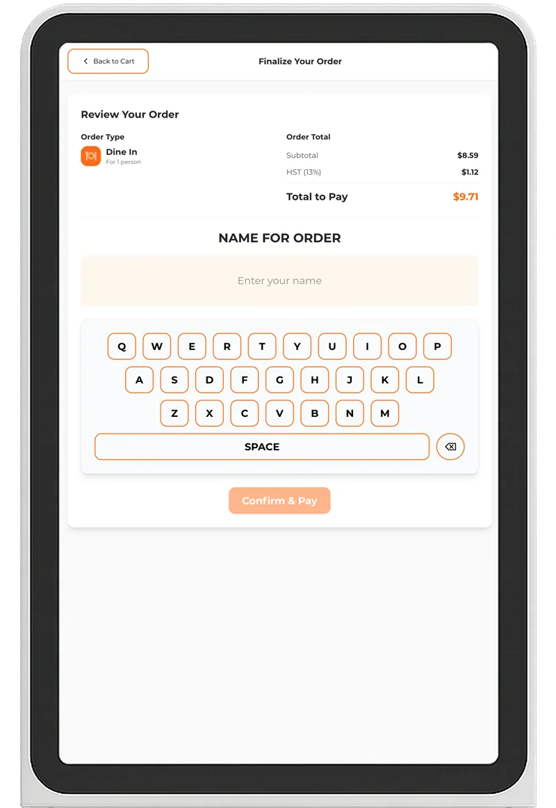 KioskOS checkout screen asking for a name for the order, with an on-screen keyboard
