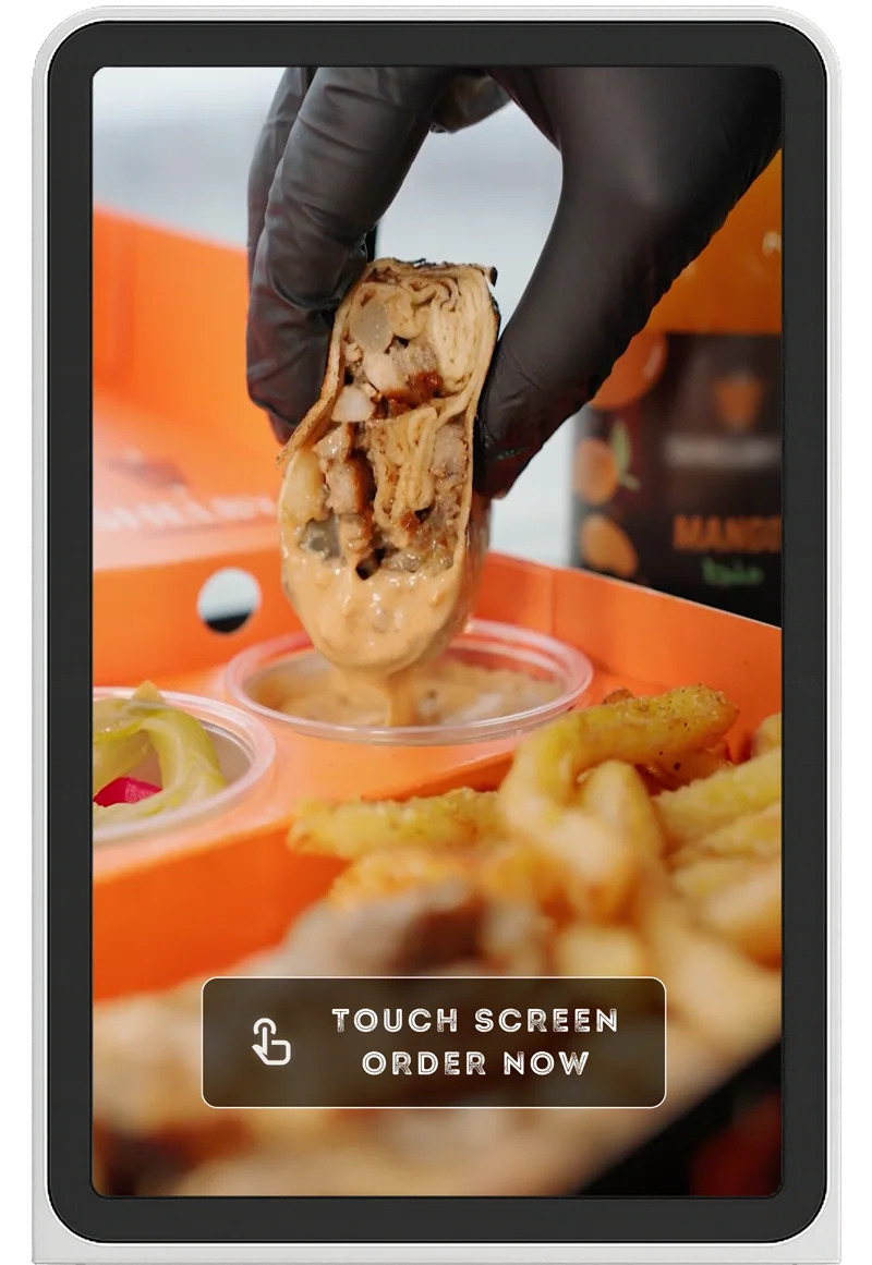 KioskOS welcome screen with a food photo and a “Touch screen to order” button